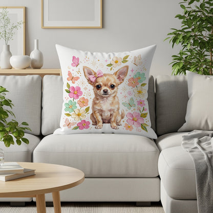 Chihuahua wearing a pink bow with butterflies and flowers.