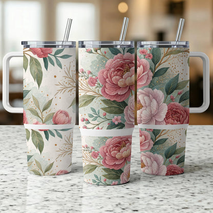Three tumblers with a floral pattern featuring pink peonies and greenery.