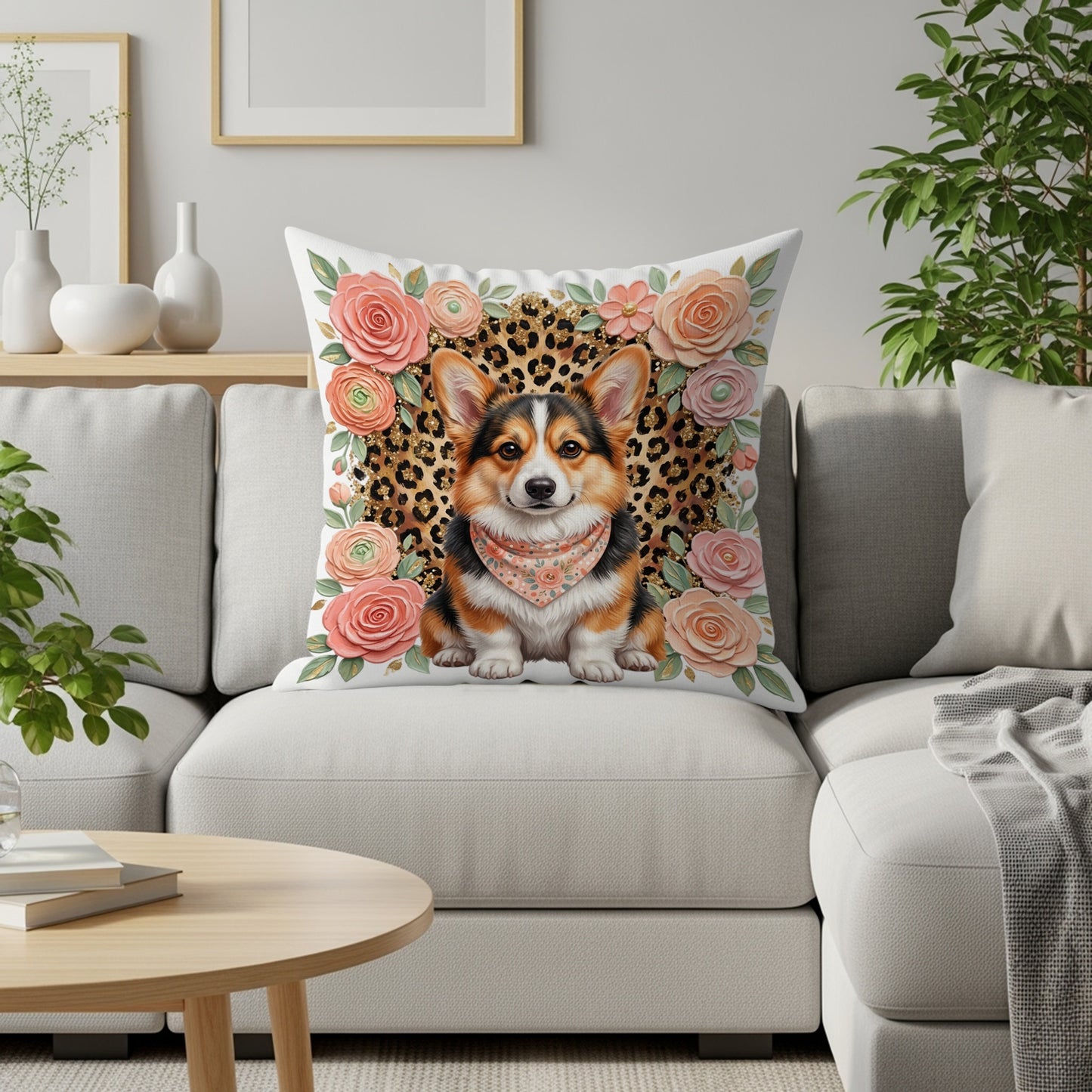 Pembroke Welsh Corgi with floral and leopard print border on throw pillow.