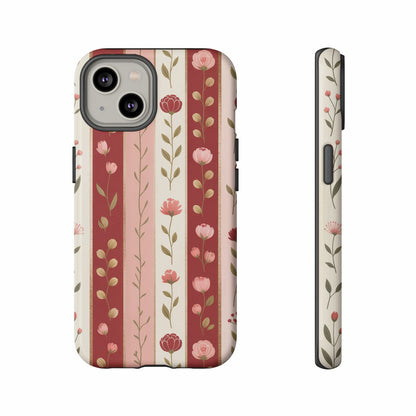 Floral striped phone case with camera cutout and side view.