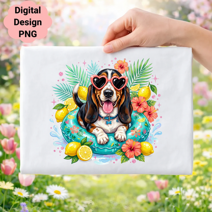 Basset hound wearing sunglasses and a flower lei in a pool float.