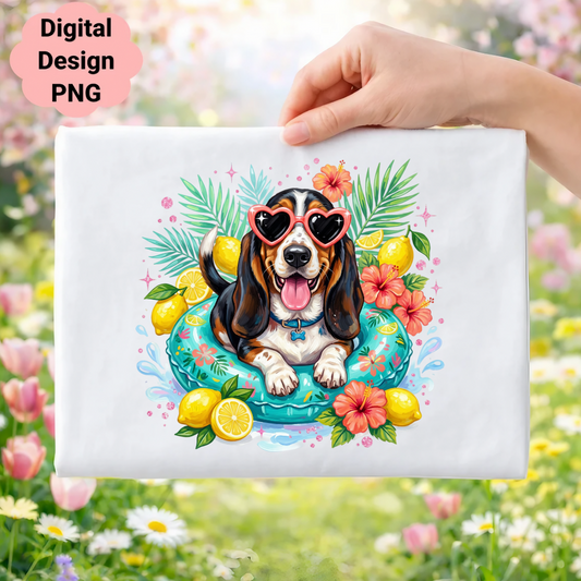 Basset hound wearing sunglasses and a flower lei in a pool float.