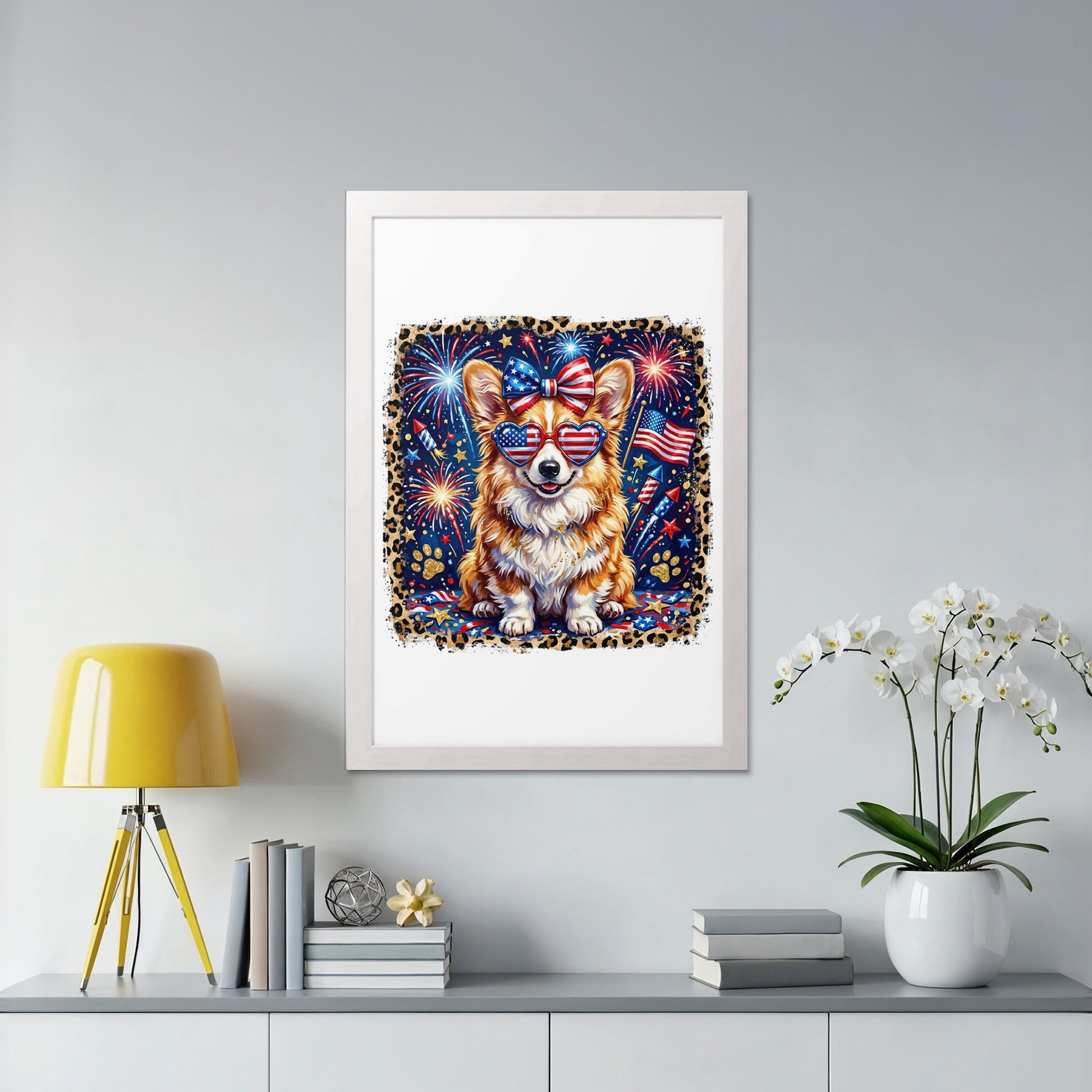 Corgi wearing sunglasses and a bow, with fireworks and American flag background.