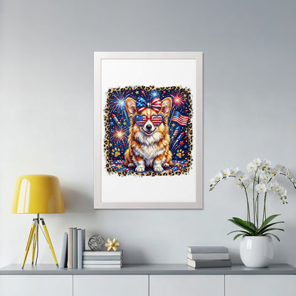 Corgi wearing sunglasses and a bow, with fireworks and American flag background.