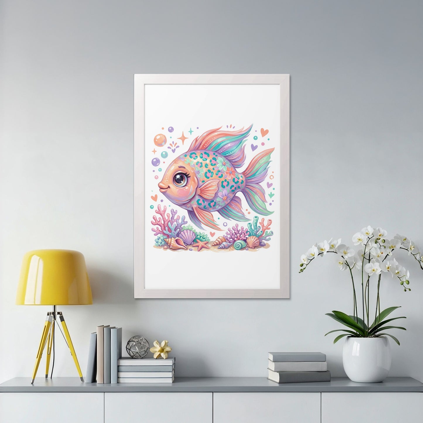 Colorful cartoon fish with seashells and coral in a white frame.