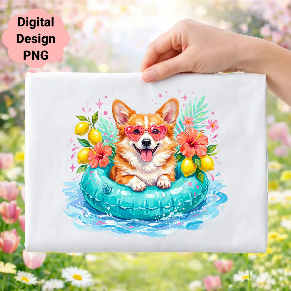 Corgi wearing heart sunglasses in a pool float with flowers and lemons.