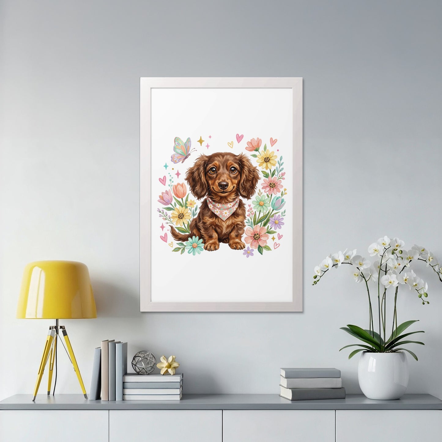 Dachshund puppy with bandana among flowers and butterflies.