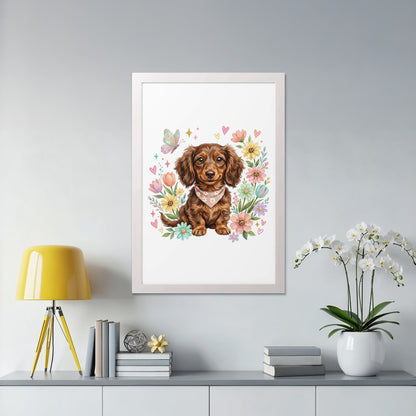 Dachshund puppy with bandana among flowers and butterflies.