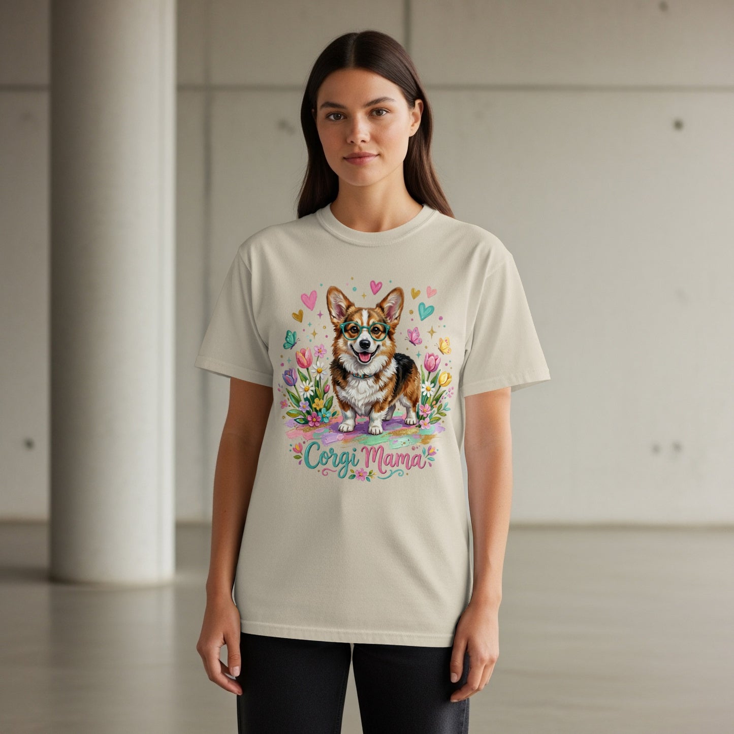 Cream t-shirt with a corgi, flowers, hearts, and "Corgi Mama" text.