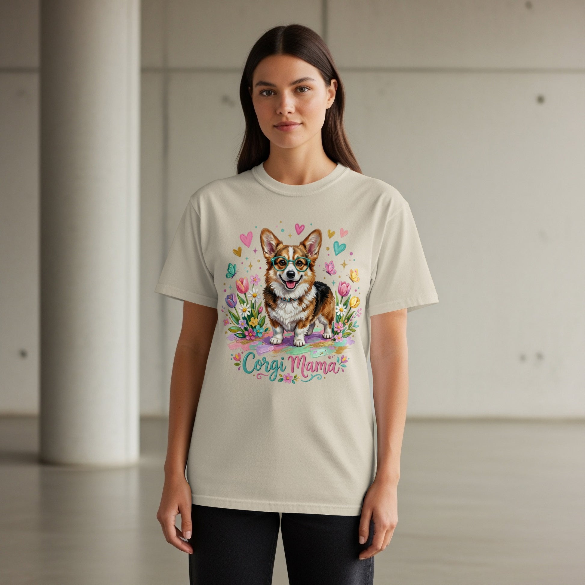 Cream t-shirt with a corgi, flowers, hearts, and "Corgi Mama" text.