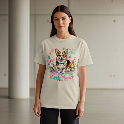 Cream t-shirt with a corgi, flowers, hearts, and "Corgi Mama" text.