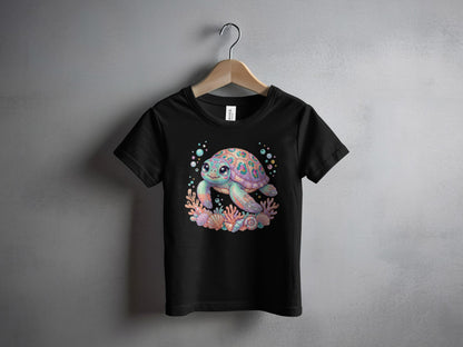 Black t-shirt with colorful cartoon sea turtle and coral graphic.