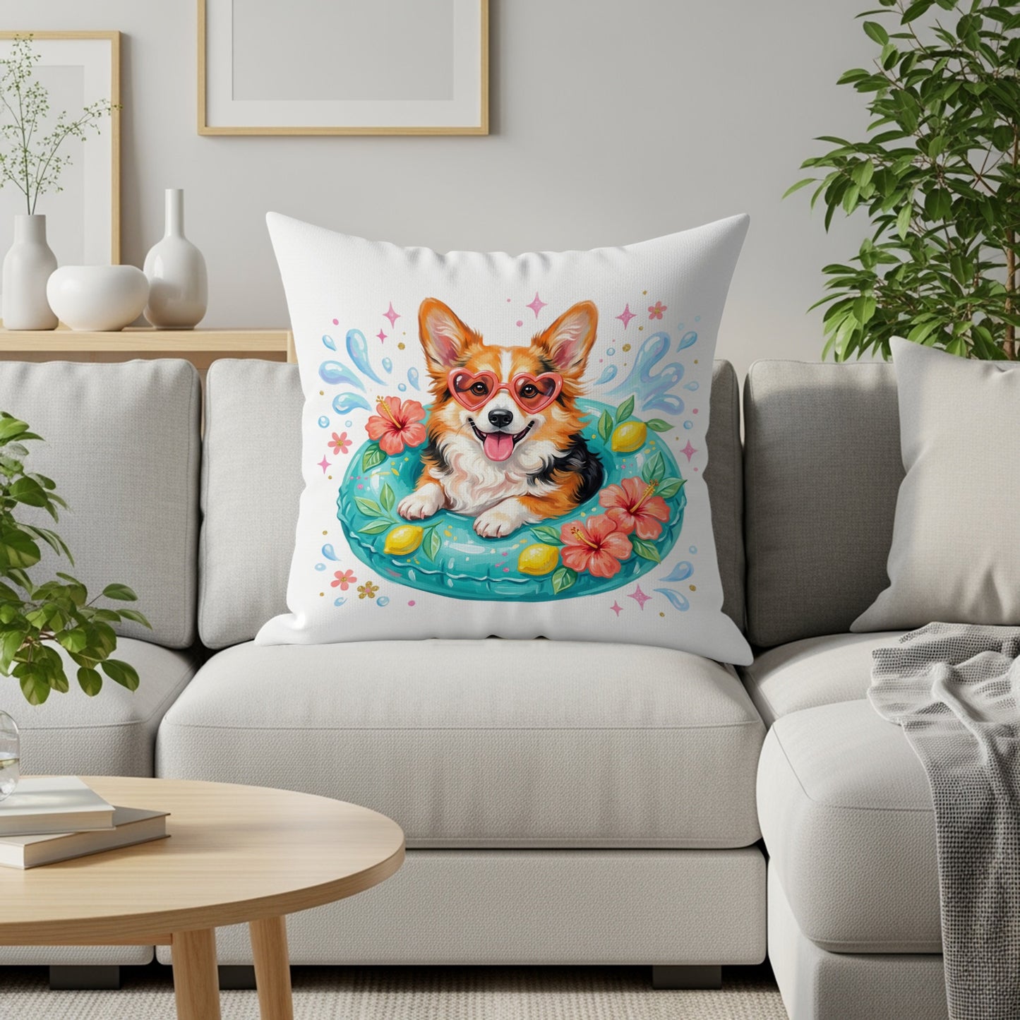 Corgi wearing sunglasses and flower wreath on inflatable float.