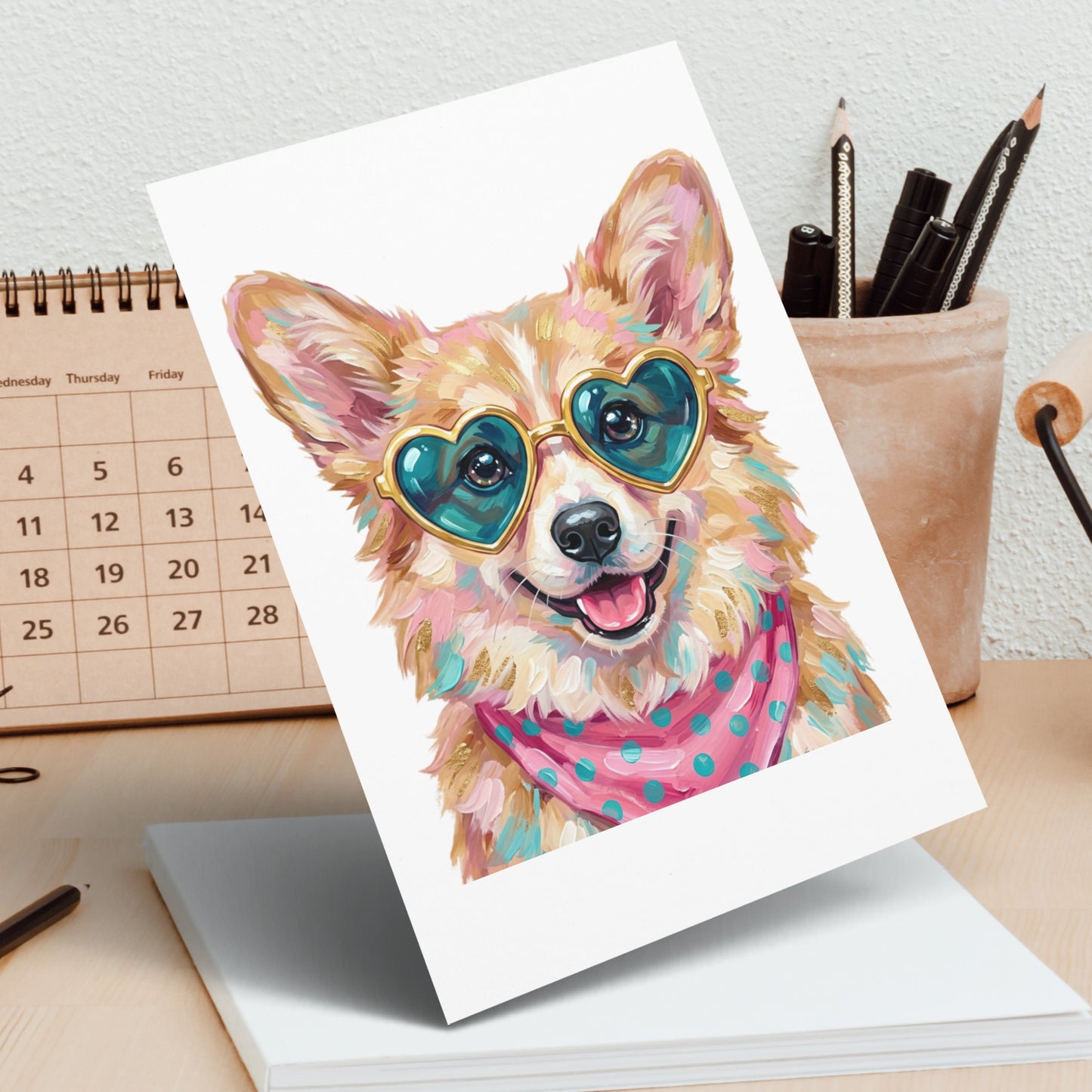 Corgi wearing heart-shaped sunglasses and a polka dot bandana.