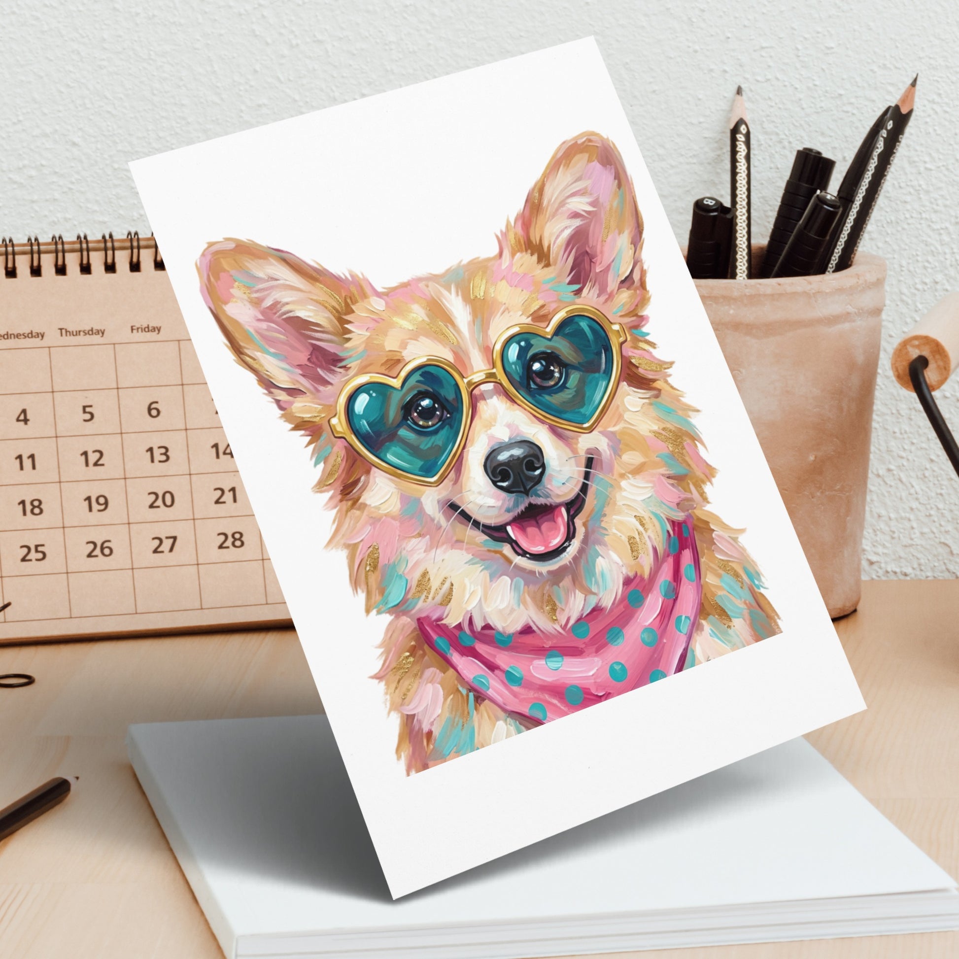 Corgi wearing heart-shaped sunglasses and a polka dot bandana.