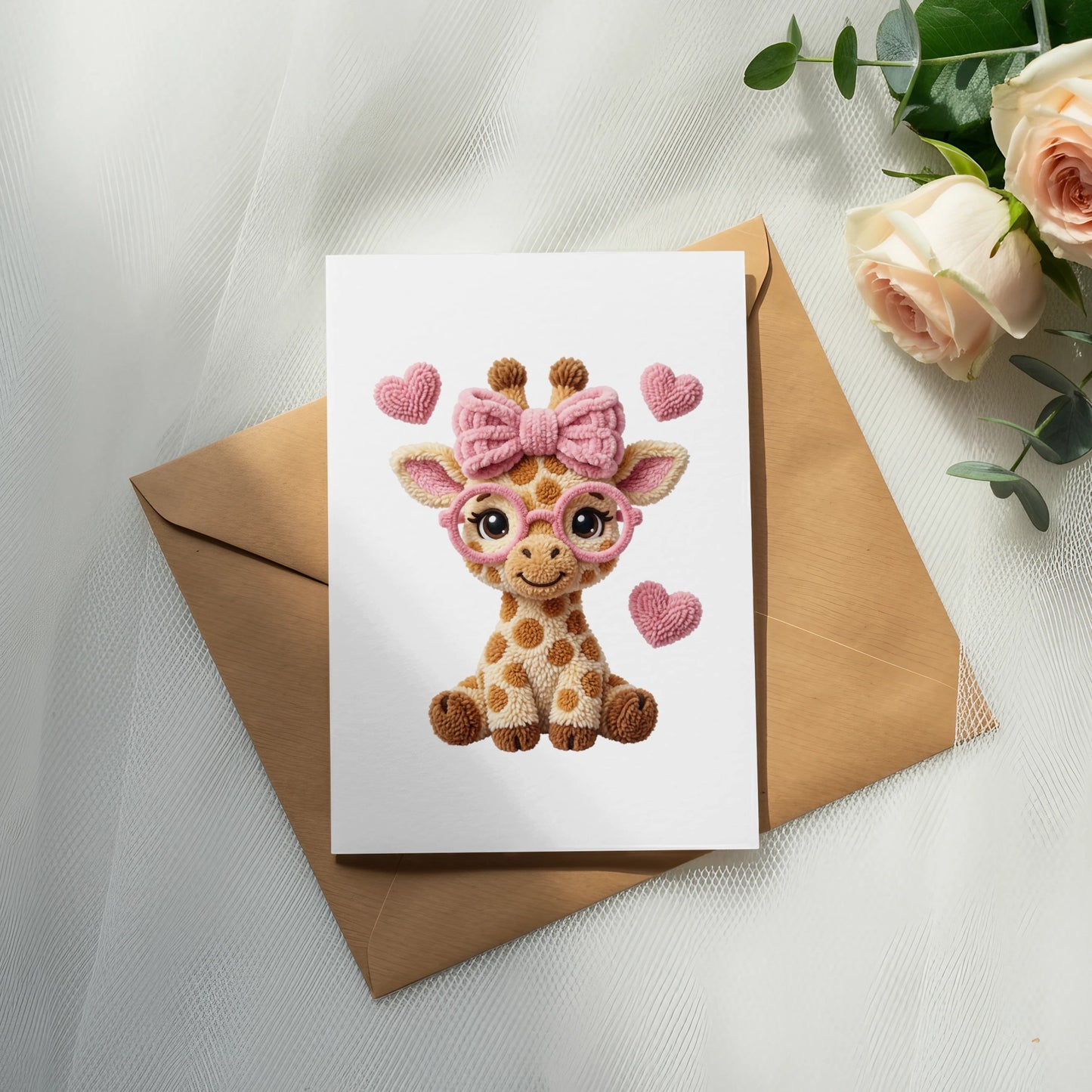 Cute cartoon giraffe with pink bow and glasses on a greeting card.