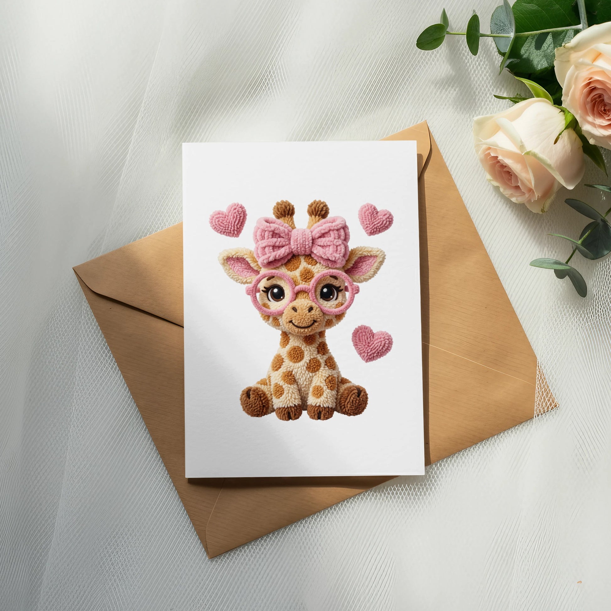 Cute cartoon giraffe with pink bow and glasses on a greeting card.