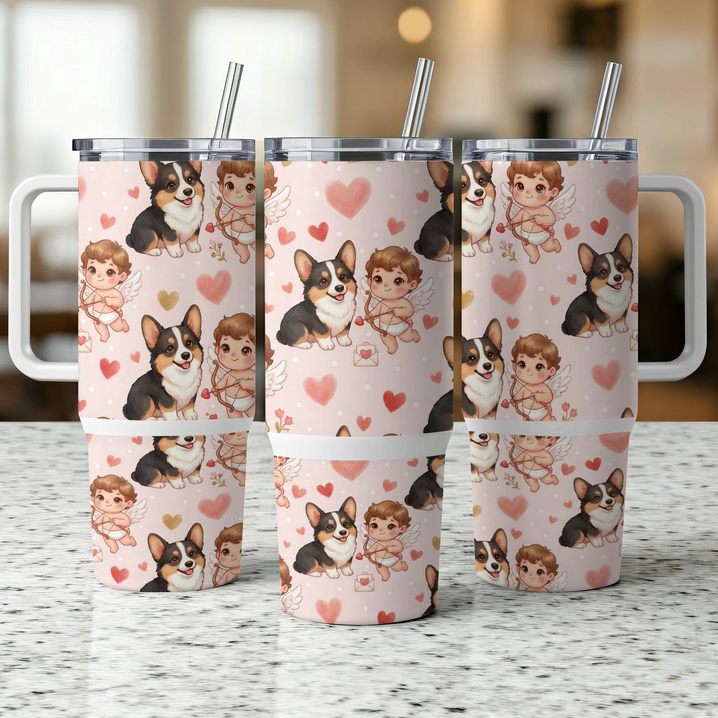 Three stainless steel tumblers with corgi and cupid design.