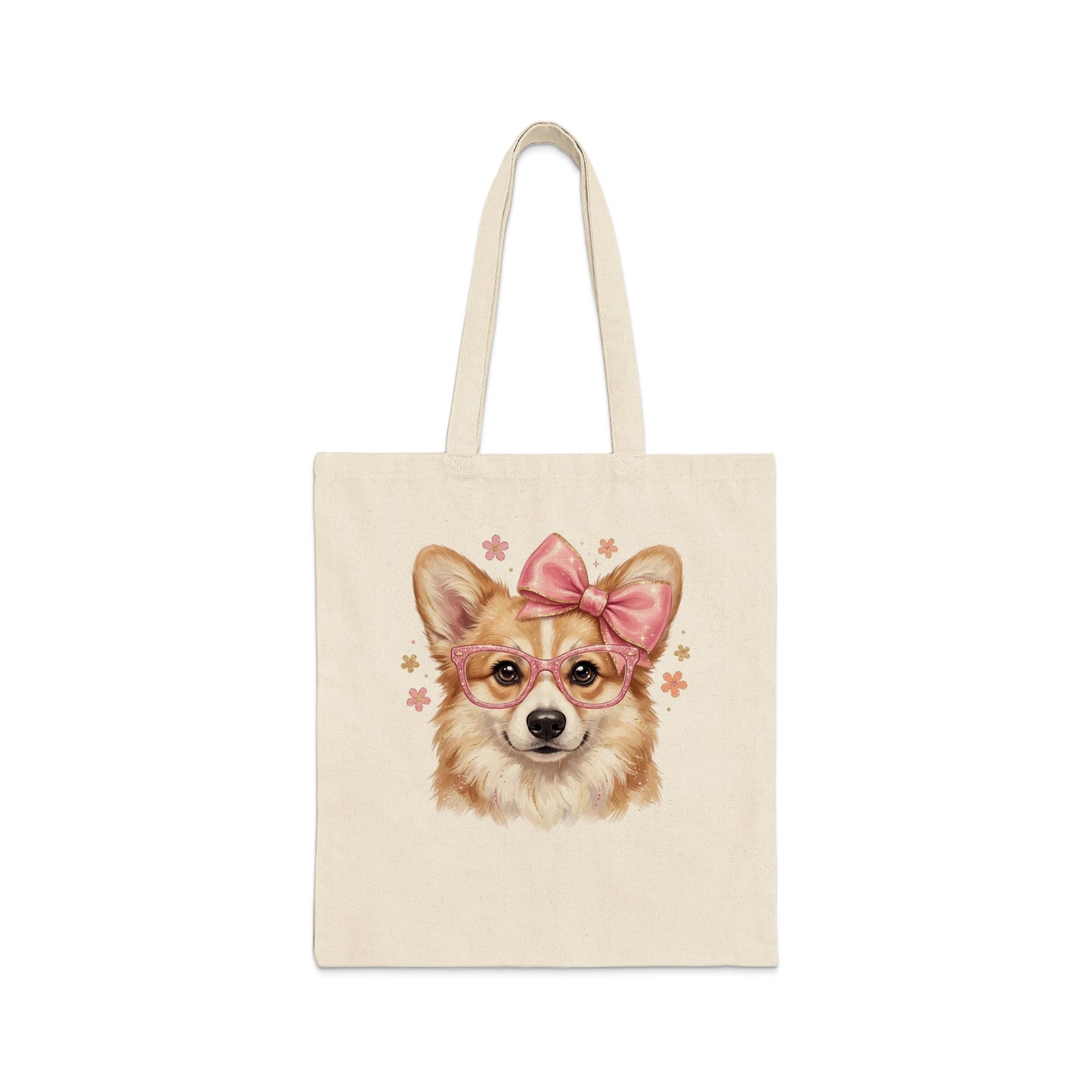 Corgi wearing pink bow and glasses, printed on a canvas tote bag.