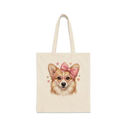 Corgi wearing pink bow and glasses, printed on a canvas tote bag.