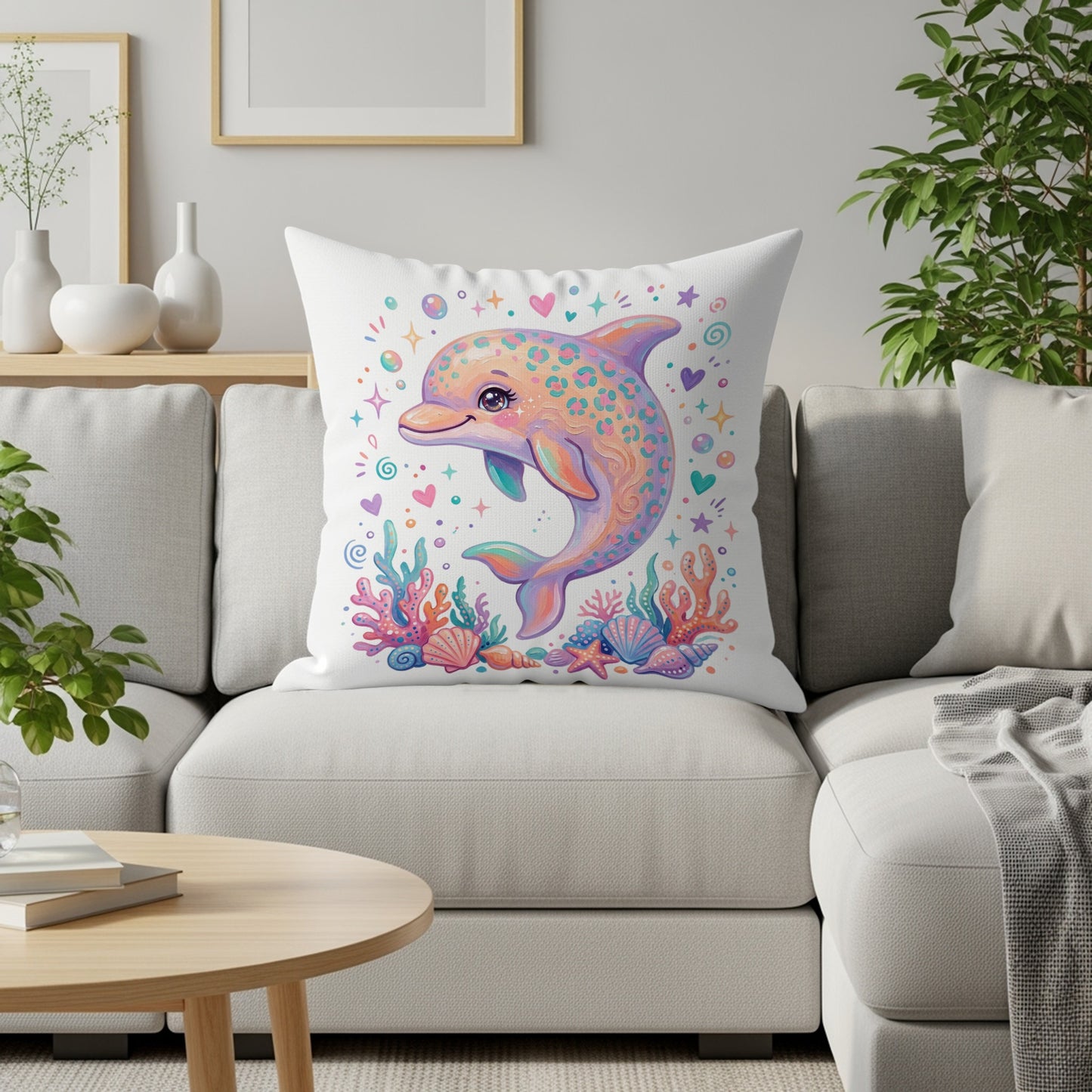 Whimsical dolphin with colorful pattern on a throw pillow on a couch.