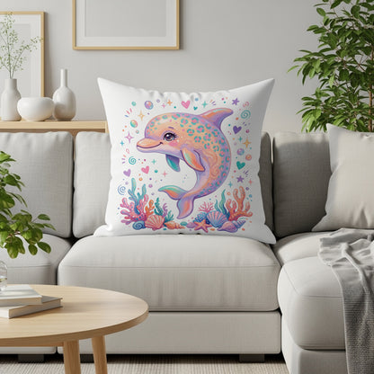 Whimsical dolphin with colorful pattern on a throw pillow on a couch.