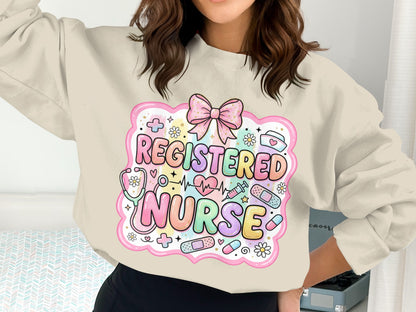 Crewneck sweatshirt with "Registered Nurse" text and medical icons.