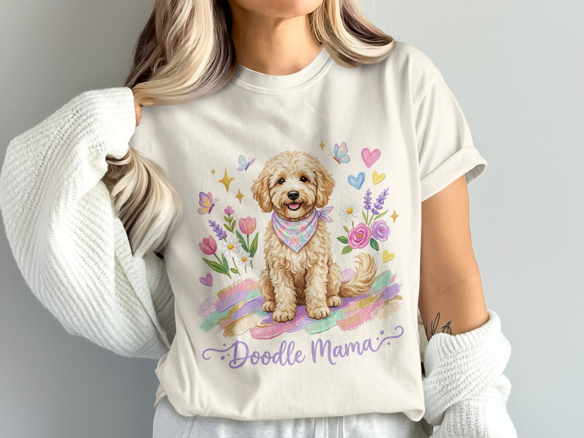 Doodle mama t-shirt with watercolor dog, butterflies, and flowers.
