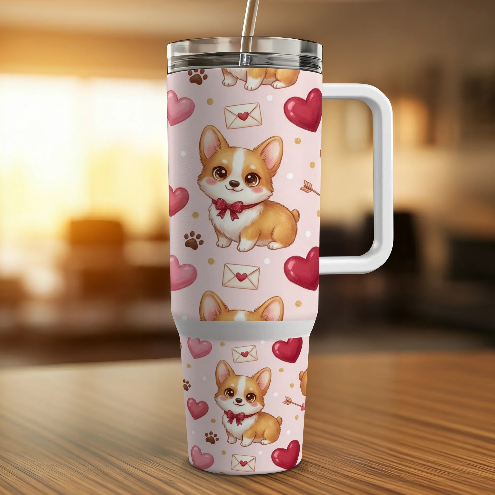 Cute corgi and heart pattern on a white travel tumbler with handle and straw.