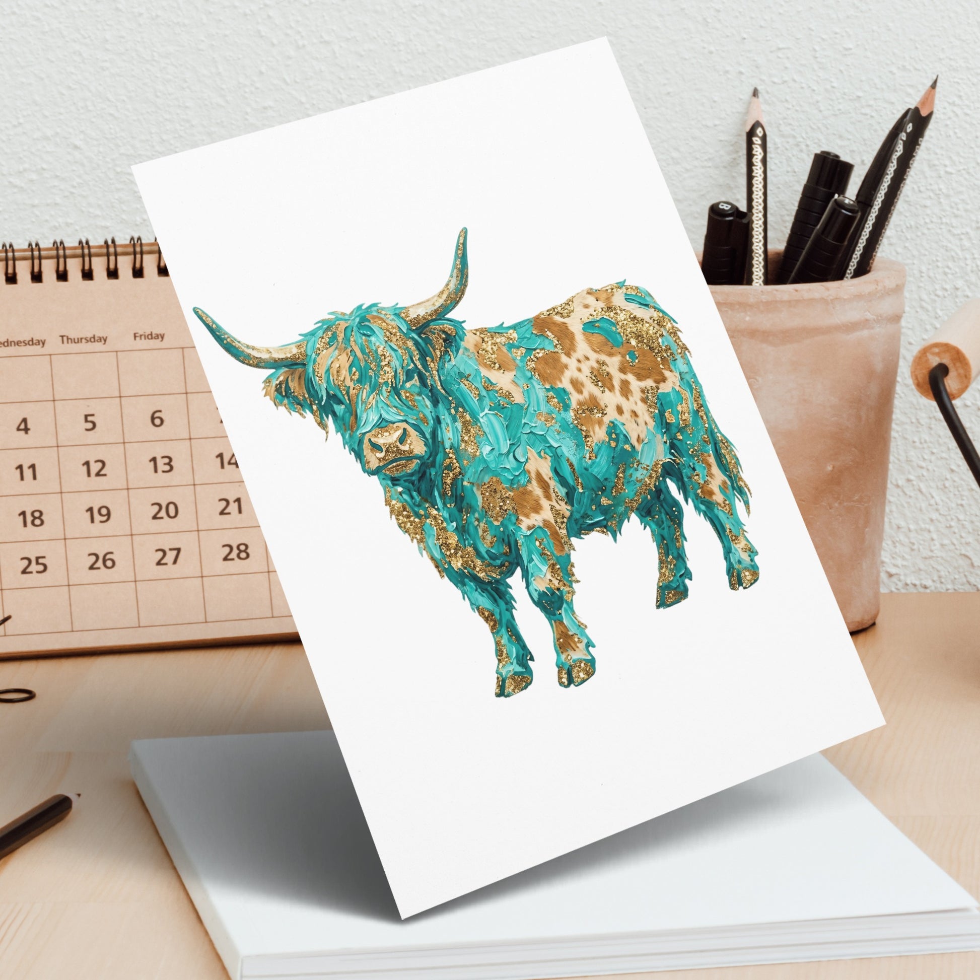 Illustrated Highland cow with turquoise and gold accents on white card.
