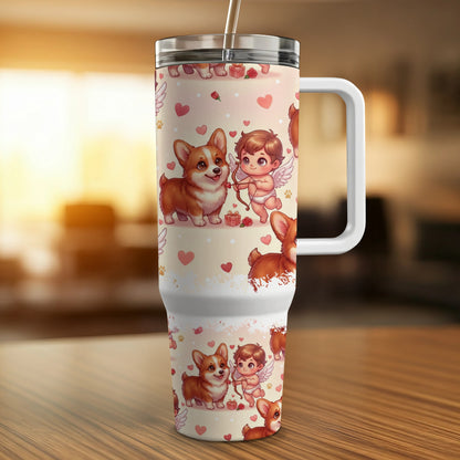 White tumbler with corgis and cupids in a repeating pattern.