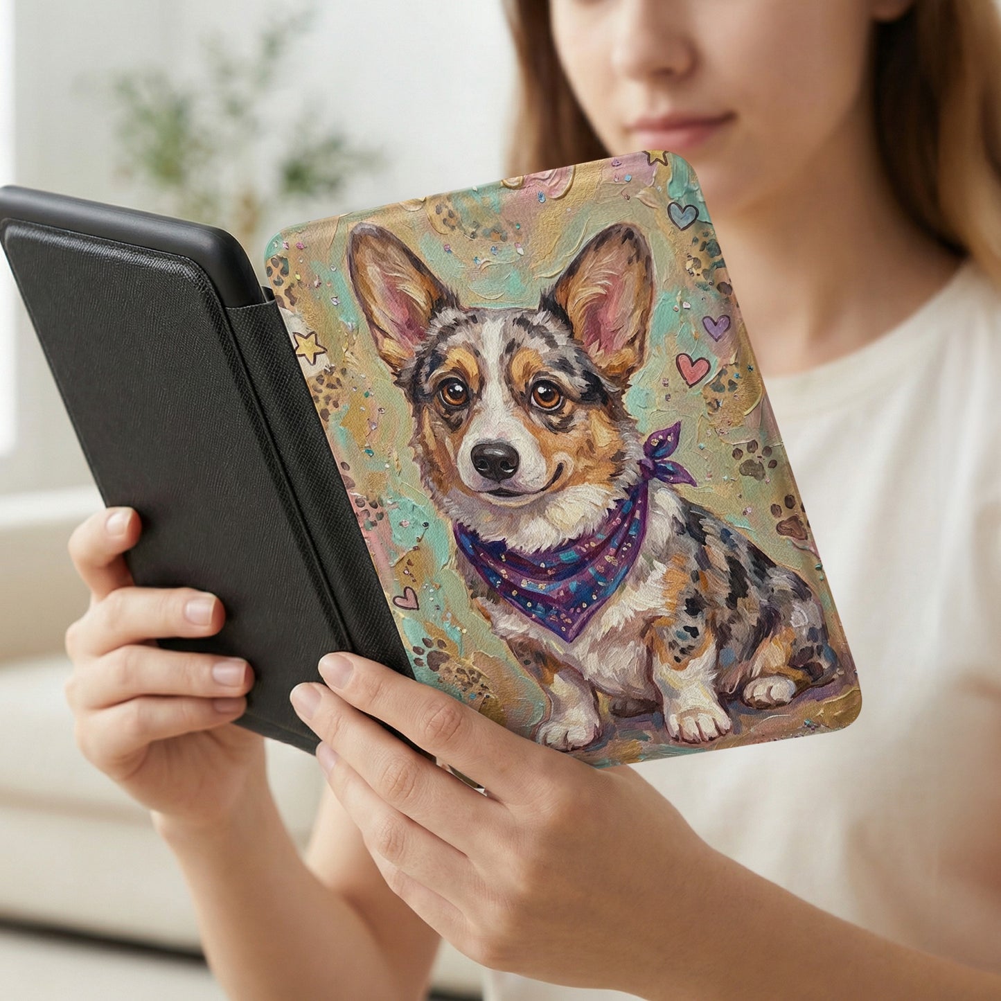 Corgi wearing bandana on a decorative case held by a person.