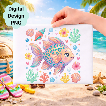 Cartoon fish with leopard print, surrounded by shells and coral.