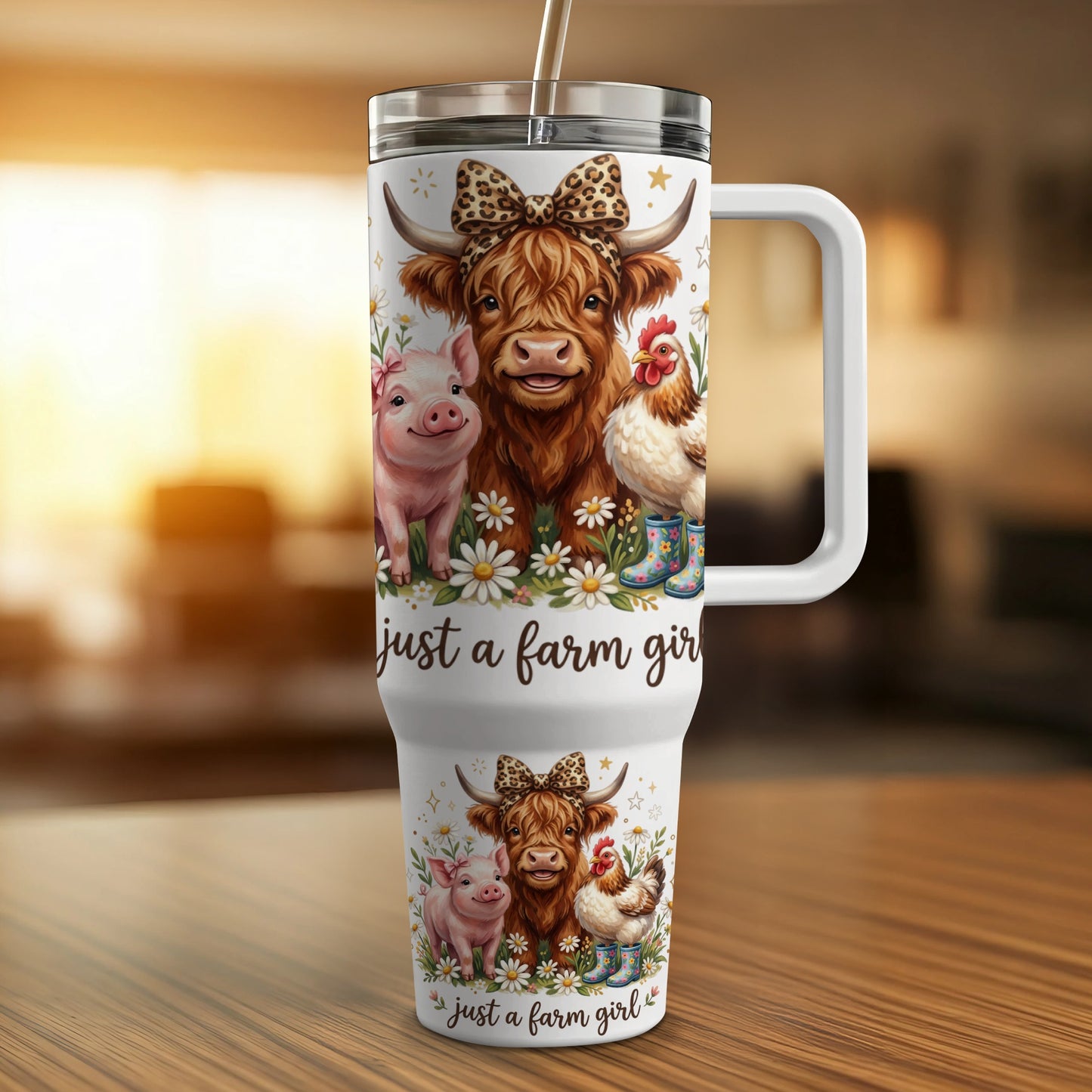 Farm animals, flowers, and leopard print on a white tumbler with handle.