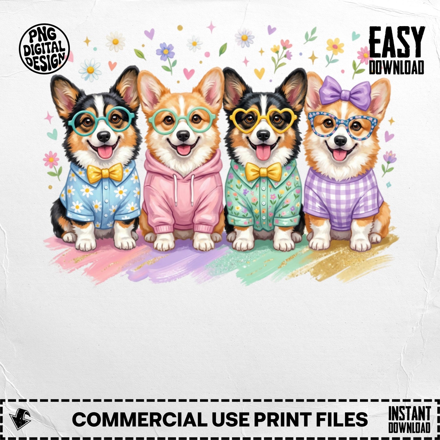 Four corgis wearing glasses and colorful sweaters and shirts, sitting side-by-side.