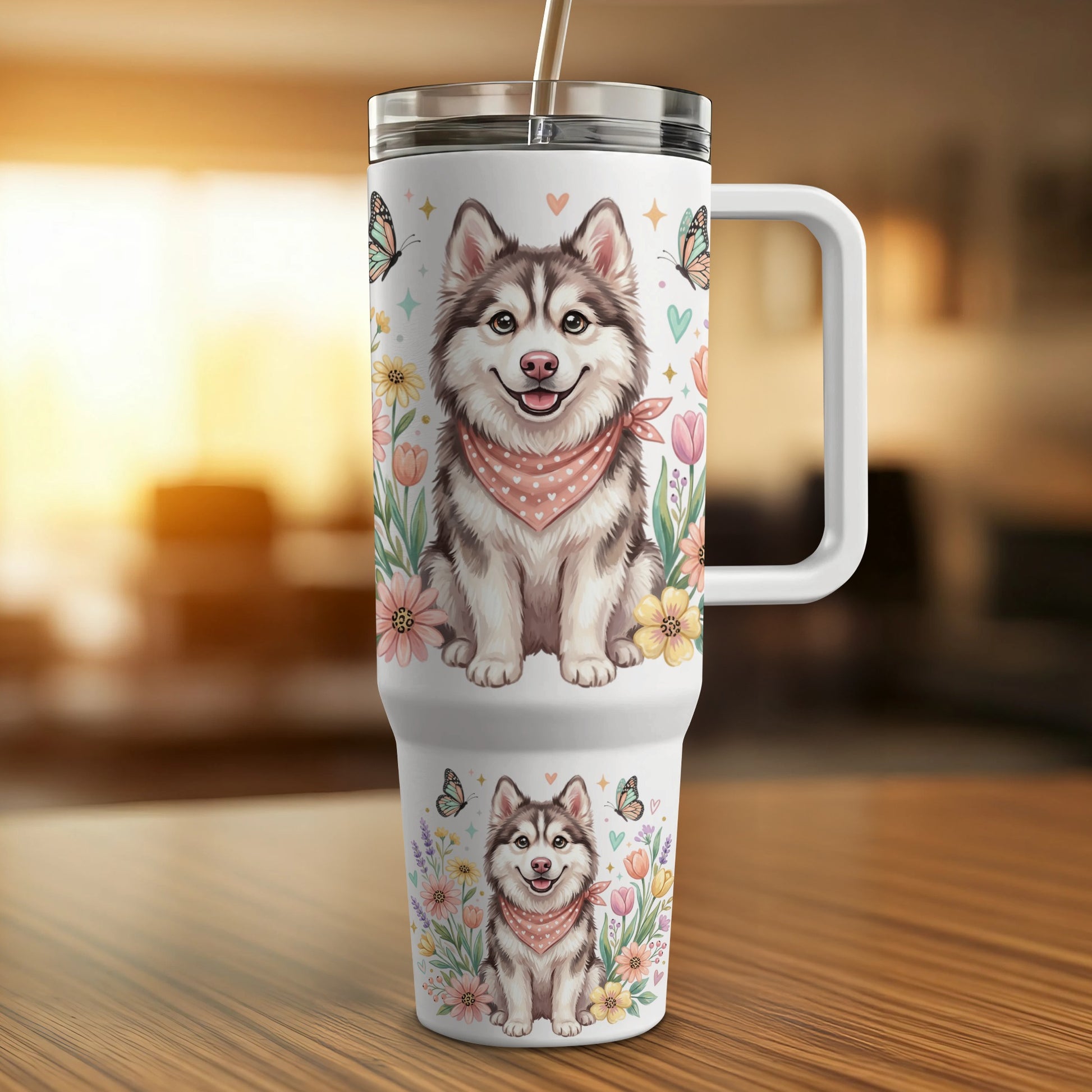 Husky dog wearing bandana on a travel tumbler with flowers and butterflies.