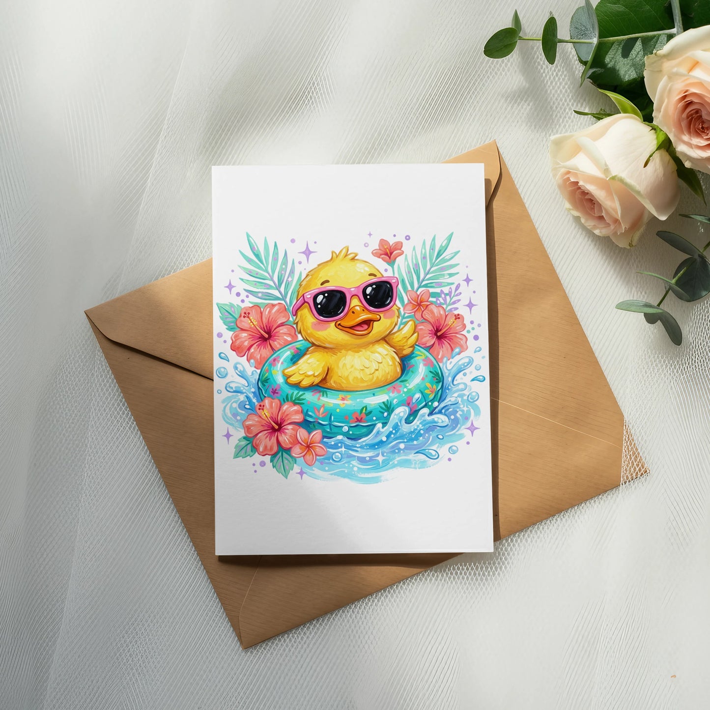 Cute duck wearing sunglasses in a colorful inner tube.