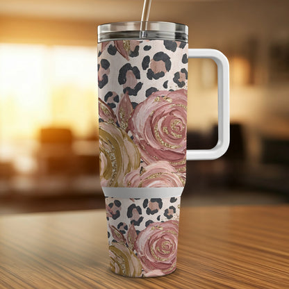 30 oz tumbler with leopard print and pink roses design.