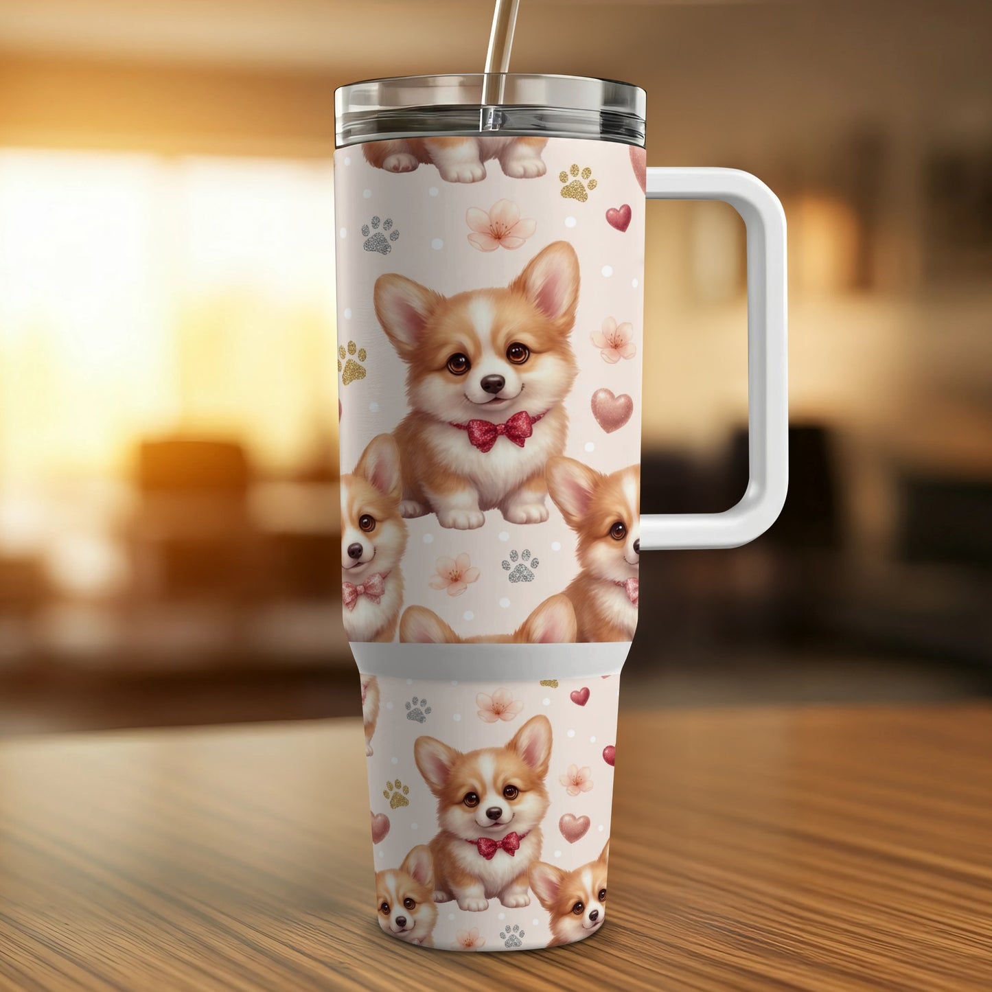 Pink tumbler with corgi dogs, hearts, and paw prints.