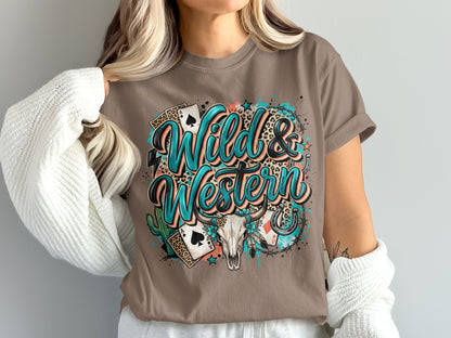 Brown t-shirt with "Wild & Western" text, skull, cacti, and playing cards.