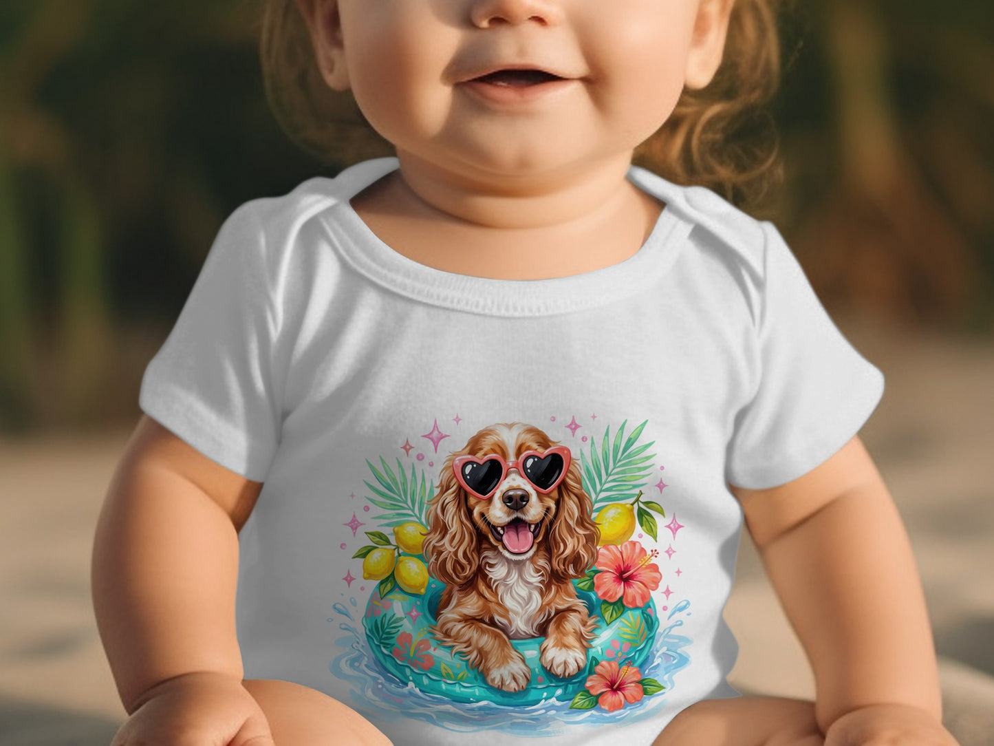 Baby in a white onesie wearing heart sunglasses with a dog in a pool float graphic.