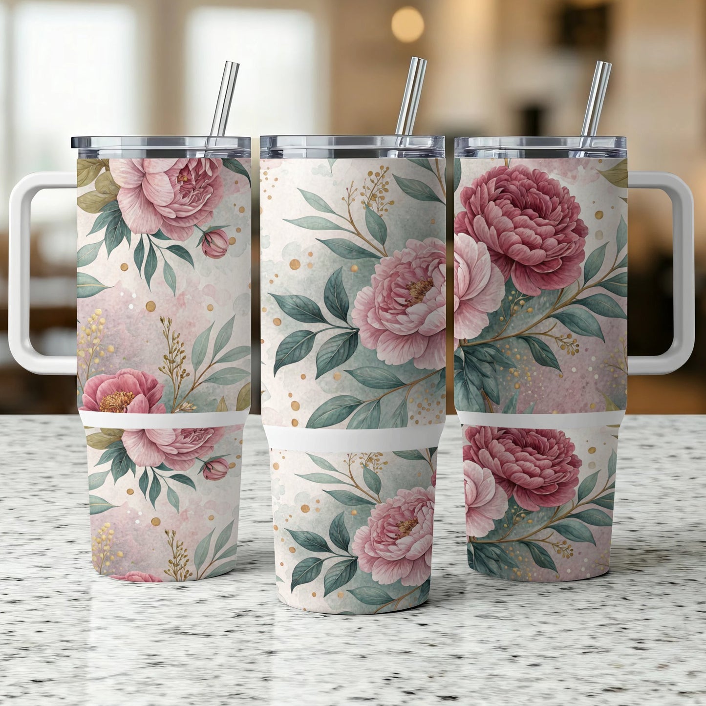 Three tumblers with floral watercolor design, featuring pink peonies and greenery.