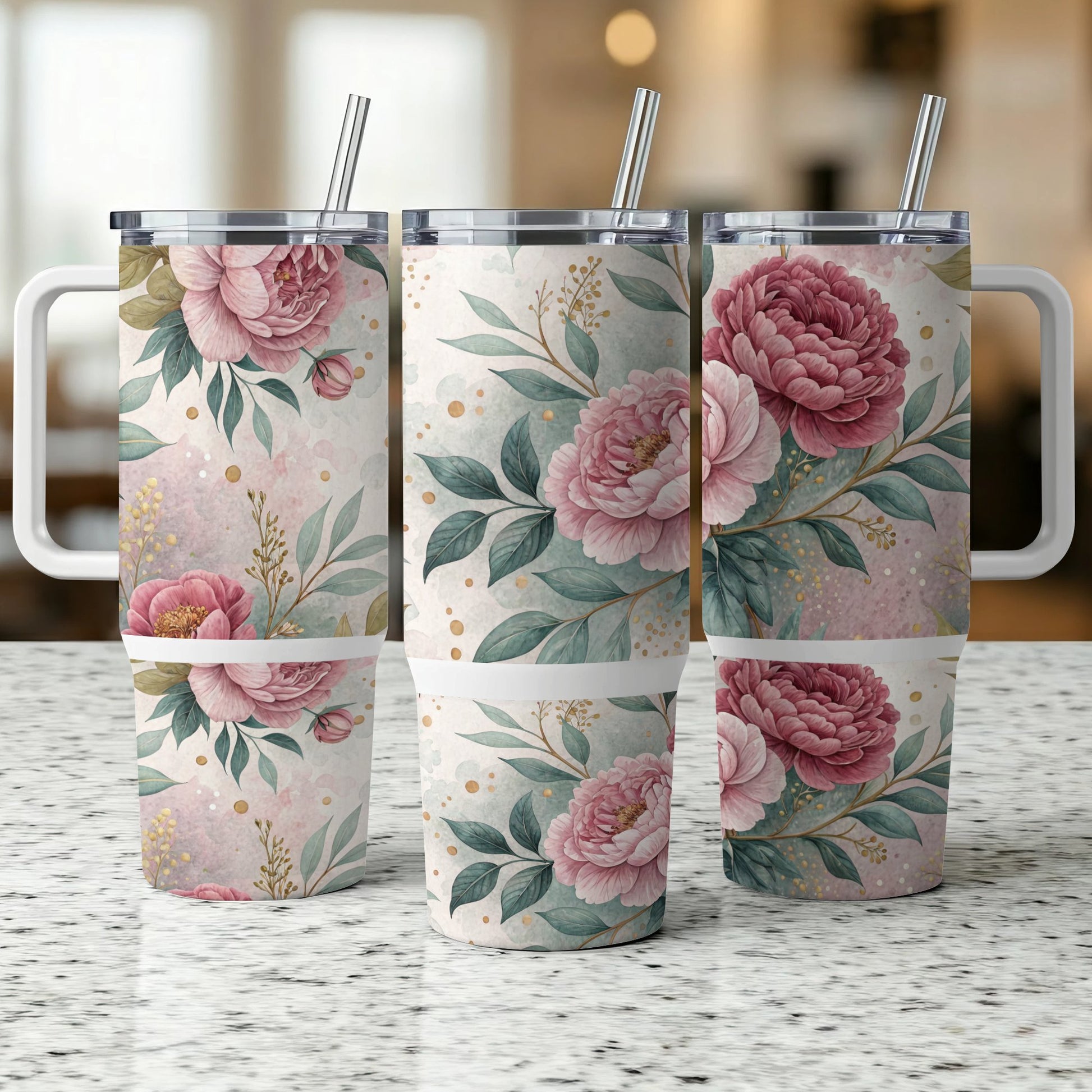 Three tumblers with floral watercolor design, featuring pink peonies and greenery.