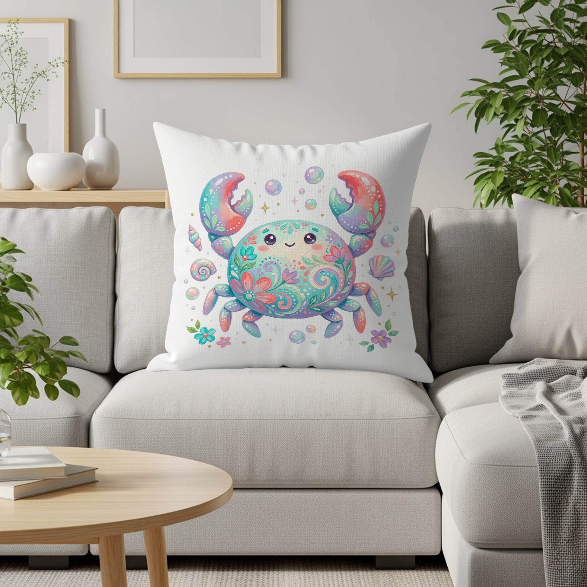 Decorative pillow with a whimsical crab design and pastel colors.