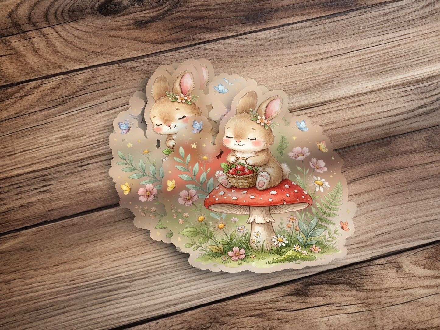 Cute bunnies sit on a mushroom in a garden with flowers and butterflies.