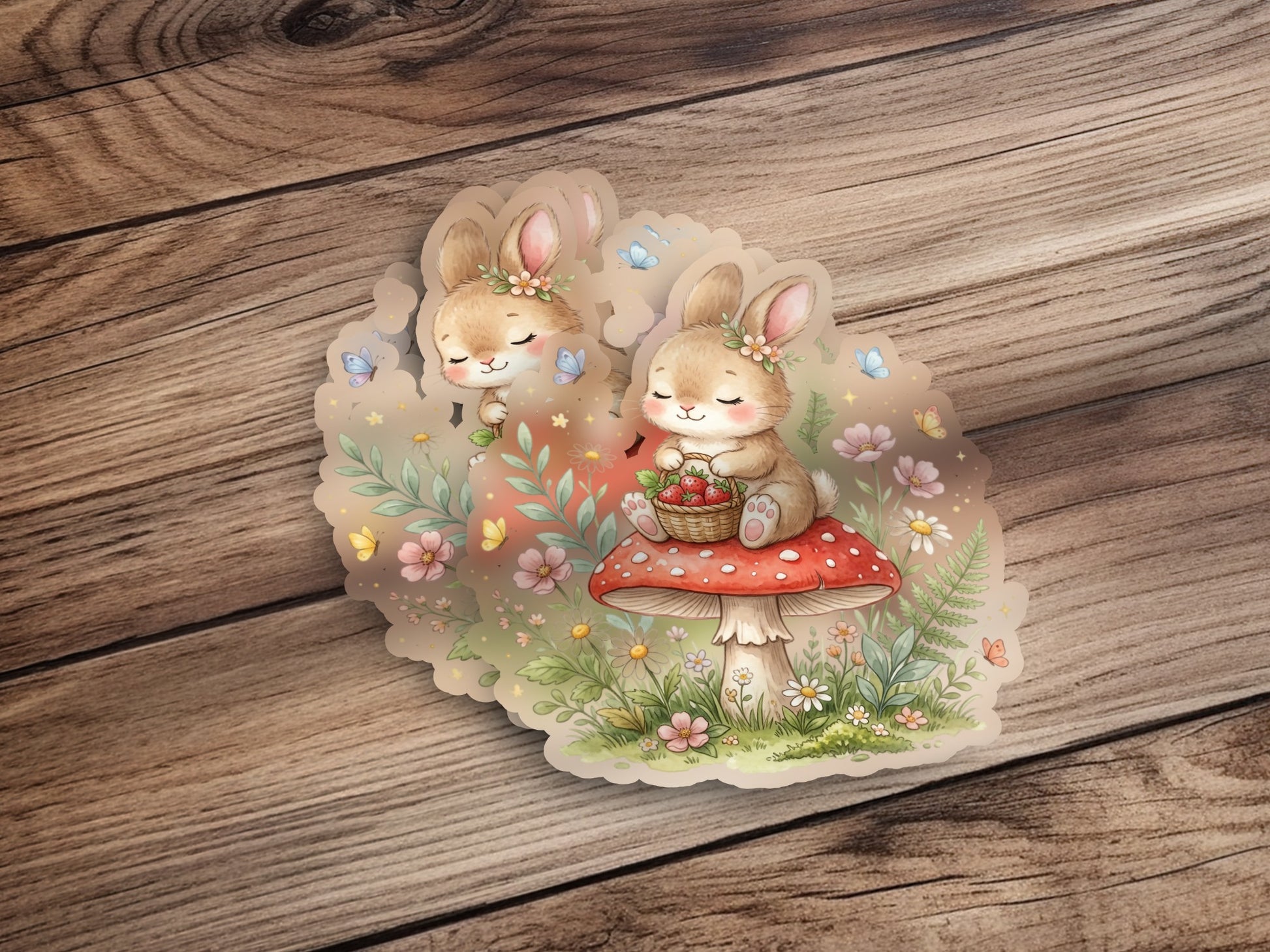 Cute bunnies sit on a mushroom in a garden with flowers and butterflies.