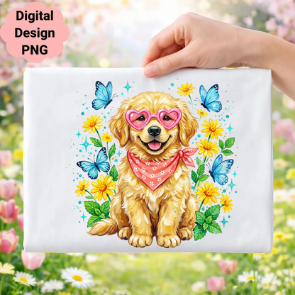 Golden retriever puppy wearing heart sunglasses and bandana with butterflies and flowers.