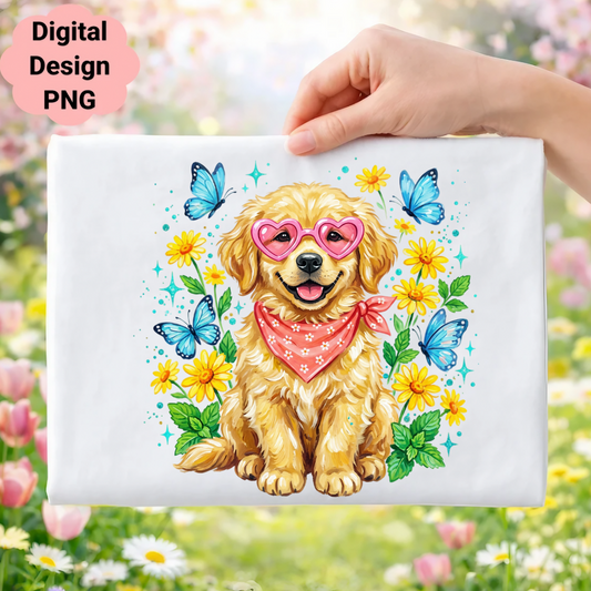 Golden retriever puppy wearing heart sunglasses and bandana with butterflies and flowers.