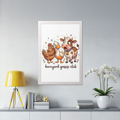 Cartoon chicken, duck, and cow framed art with "barnyard gossip club" text.