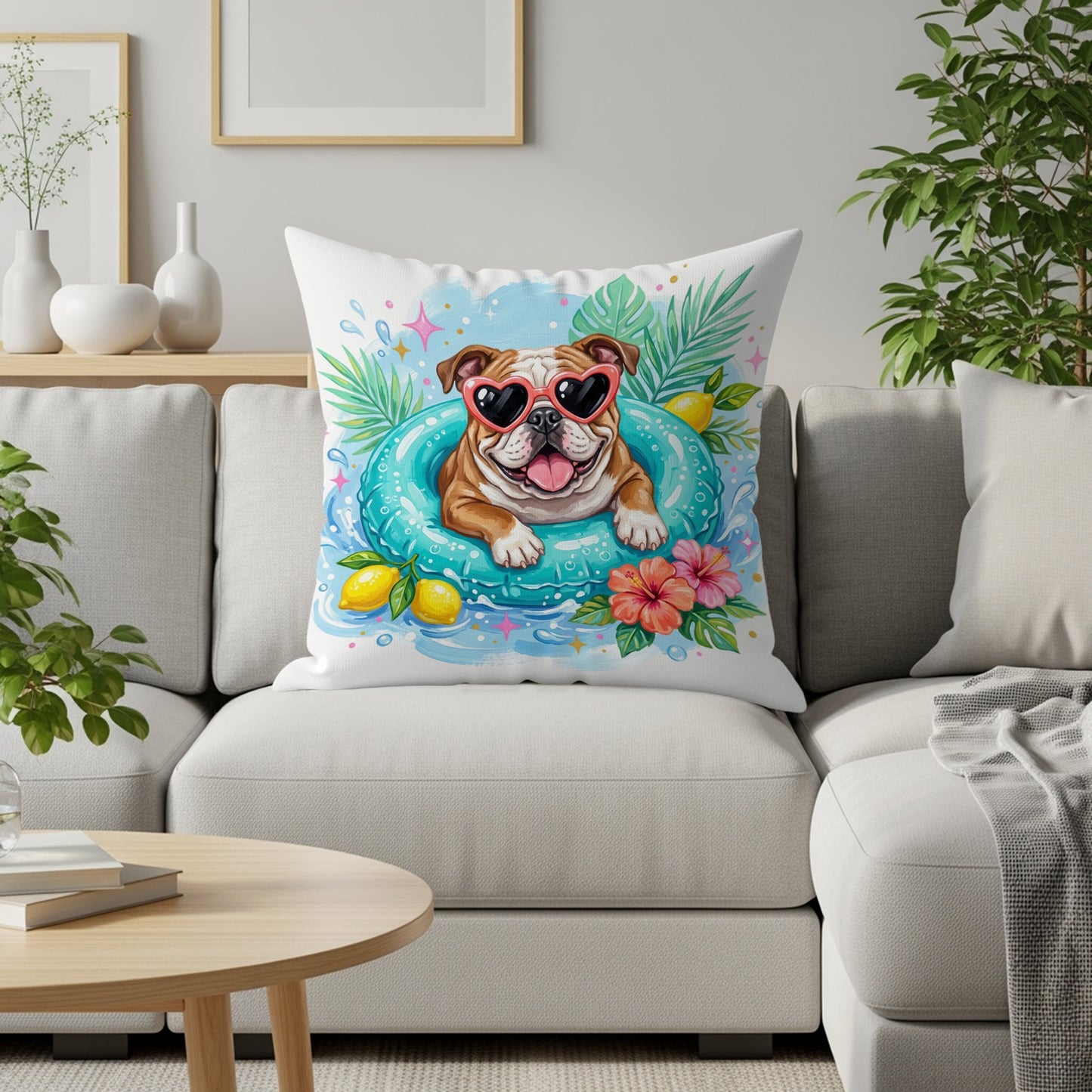 Bulldog wearing heart sunglasses floats in a pool with lemons and tropical leaves.